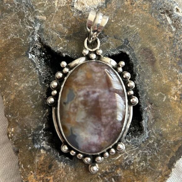 Sterling Silver Purple Agate Pendant Slide Vintage Statement - Picture 1 of 9